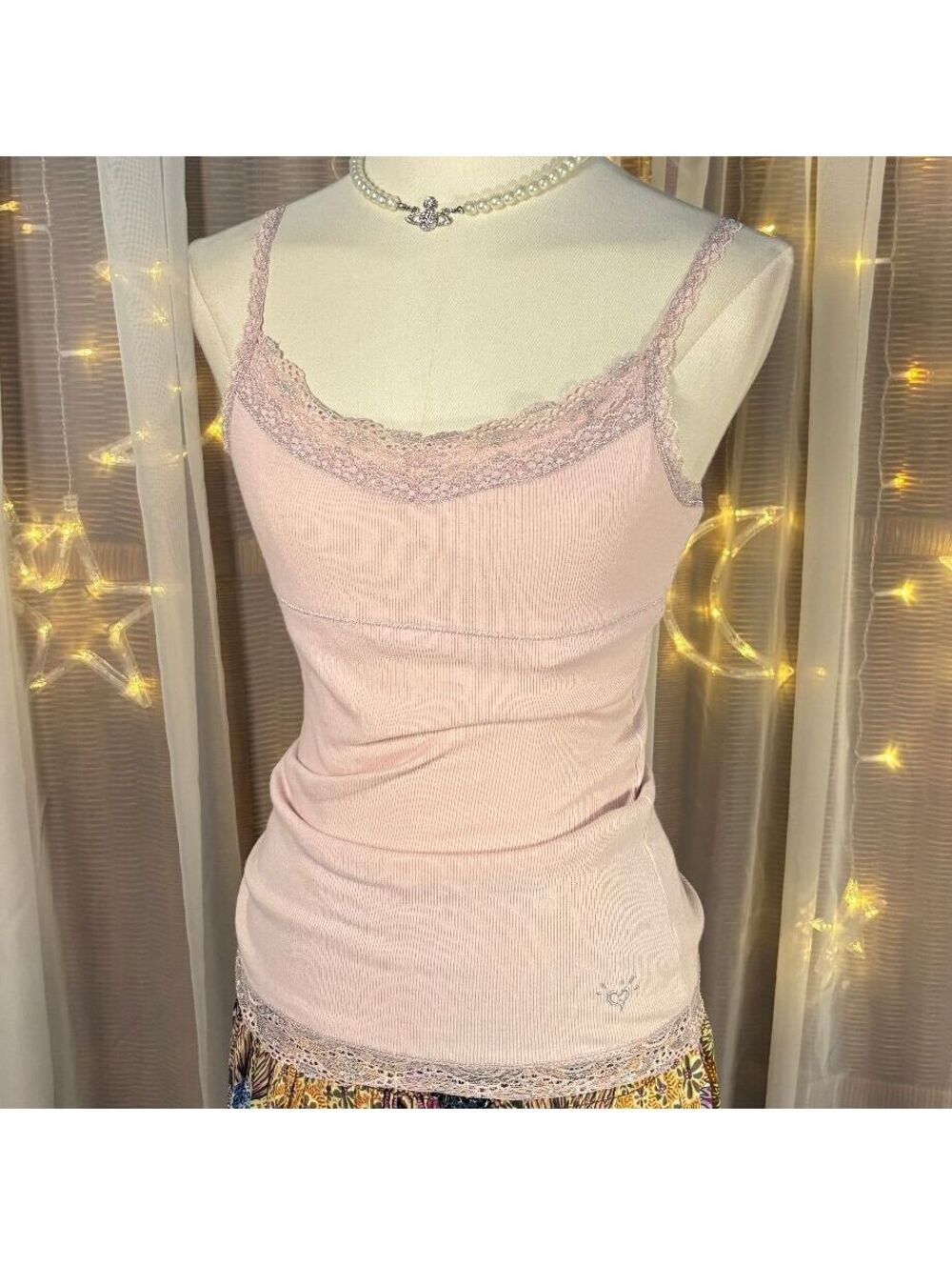 Justice Pink Lace Trim Ribbed Cami Tank Built In Bra Y2K Coquette Women's S